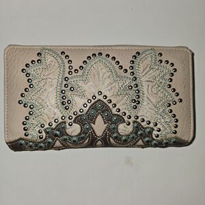 beige Montana West western style wallet teal brown embroidery studded floral Zip